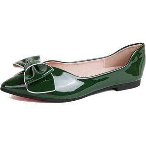 Women Blackish Green Artificial lacquer leather Pointed Toe Bow Foam Flats